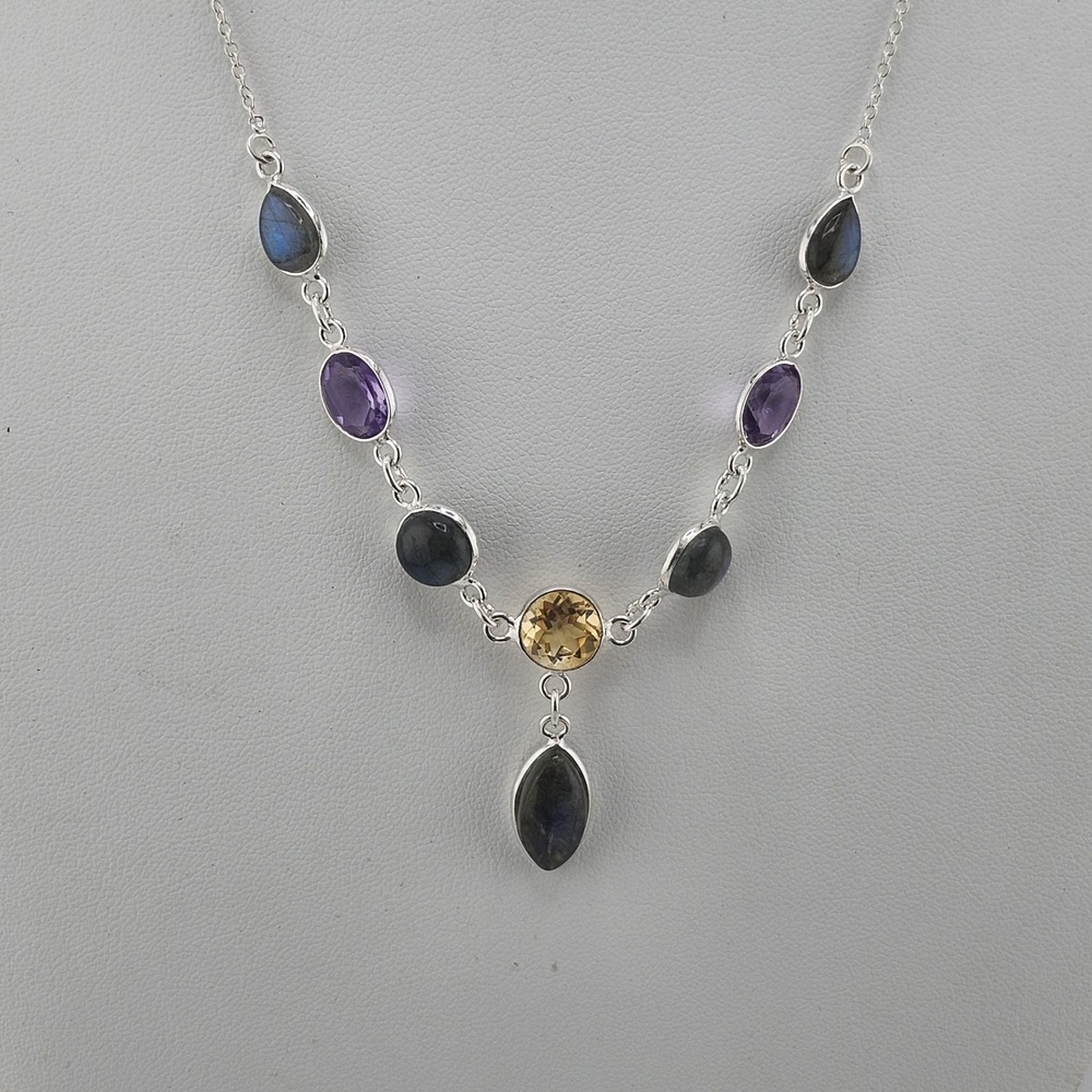 Natural Multi Gemstone Choker Necklace 925 Sterling Silver 925‎